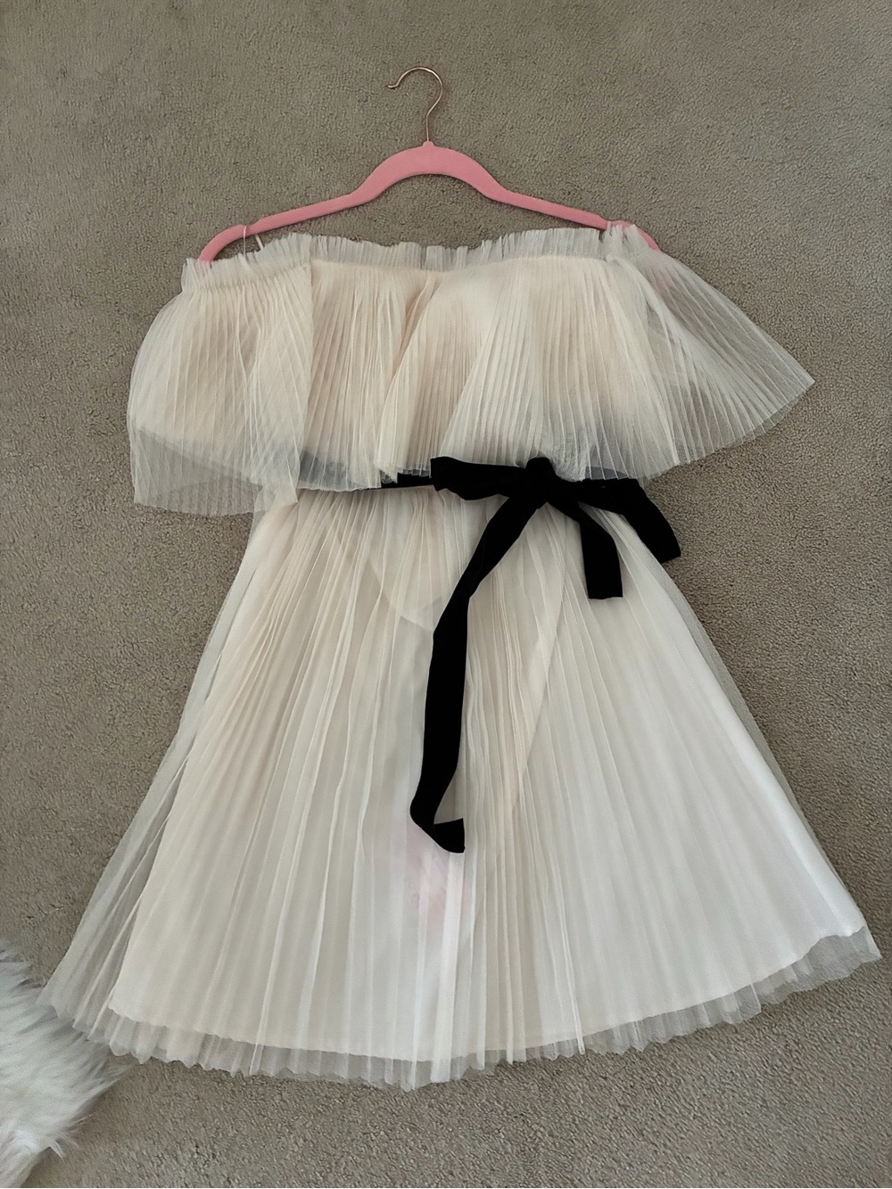 Women’s Off-Shoulder Ivory Pleated Dress with Black Waist Tie